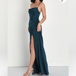 NWOT Moments of Beauty Dark Teal Satin Cowl Neck Tulip Maxi Dress Size XS